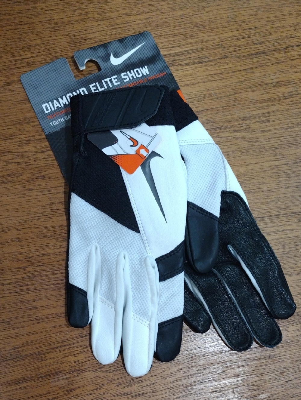 Nike Black, White & Orange Diamond Elite Youth Batting Gloves